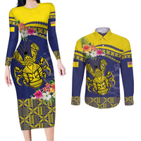 Niue Coconut Crab Couples Matching Long Sleeve Bodycon Dress and Long Sleeve Button Shirt Rock of Polynesia LT9 Gold - Polynesian Pride