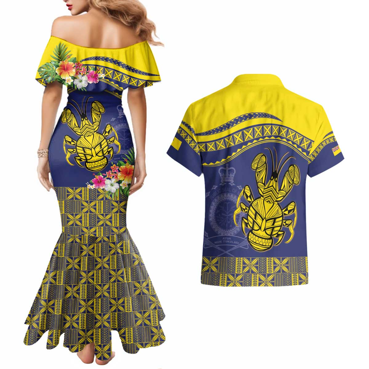 Niue Coconut Crab Couples Matching Mermaid Dress and Hawaiian Shirt Rock of Polynesia LT9 - Polynesian Pride