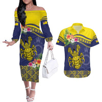 Niue Coconut Crab Couples Matching Off The Shoulder Long Sleeve Dress and Hawaiian Shirt Rock of Polynesia LT9 Gold - Polynesian Pride