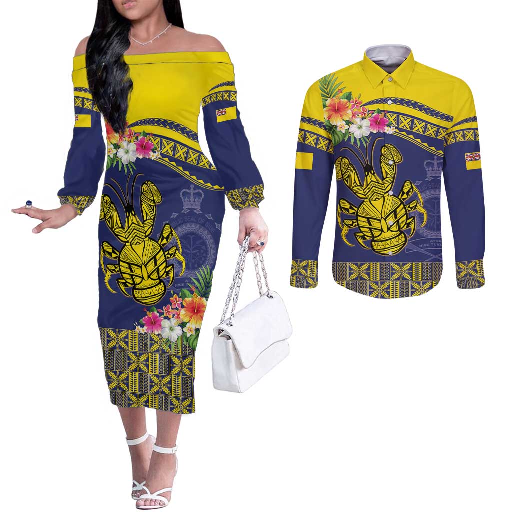 Niue Coconut Crab Couples Matching Off The Shoulder Long Sleeve Dress and Long Sleeve Button Shirt Rock of Polynesia LT9 Gold - Polynesian Pride