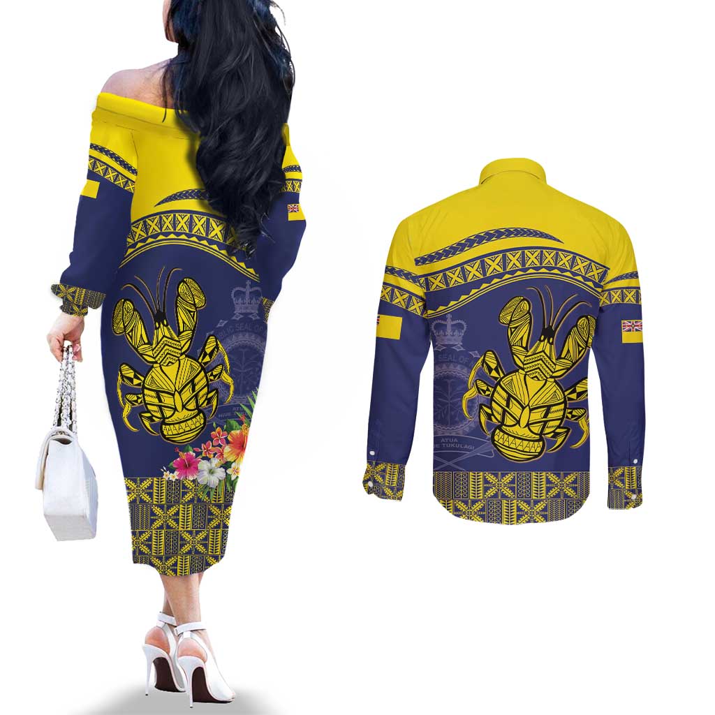 Niue Coconut Crab Couples Matching Off The Shoulder Long Sleeve Dress and Long Sleeve Button Shirt Rock of Polynesia LT9 - Polynesian Pride