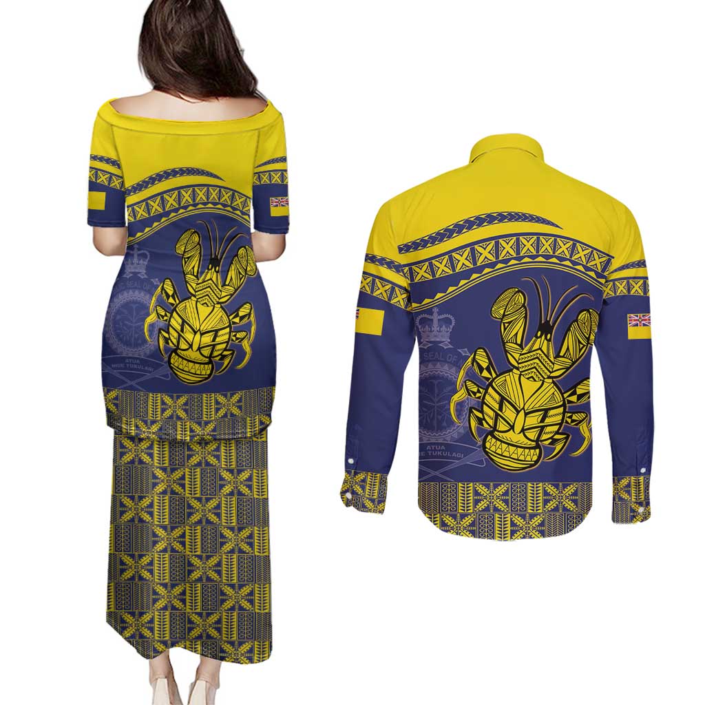 Niue Coconut Crab Couples Matching Puletasi and Long Sleeve Button Shirt Rock of Polynesia LT9 - Polynesian Pride