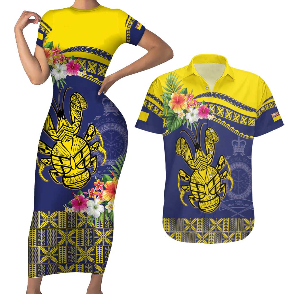 Niue Coconut Crab Couples Matching Short Sleeve Bodycon Dress and Hawaiian Shirt Rock of Polynesia LT9 Gold - Polynesian Pride