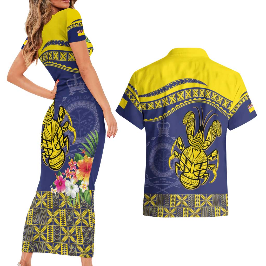 Niue Coconut Crab Couples Matching Short Sleeve Bodycon Dress and Hawaiian Shirt Rock of Polynesia LT9 - Polynesian Pride
