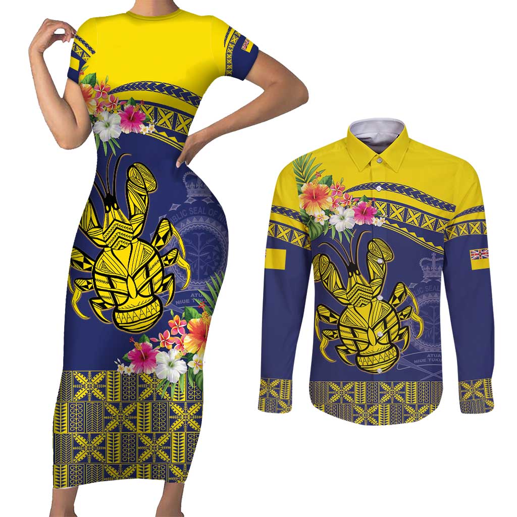Niue Coconut Crab Couples Matching Short Sleeve Bodycon Dress and Long Sleeve Button Shirt Rock of Polynesia LT9 Gold - Polynesian Pride
