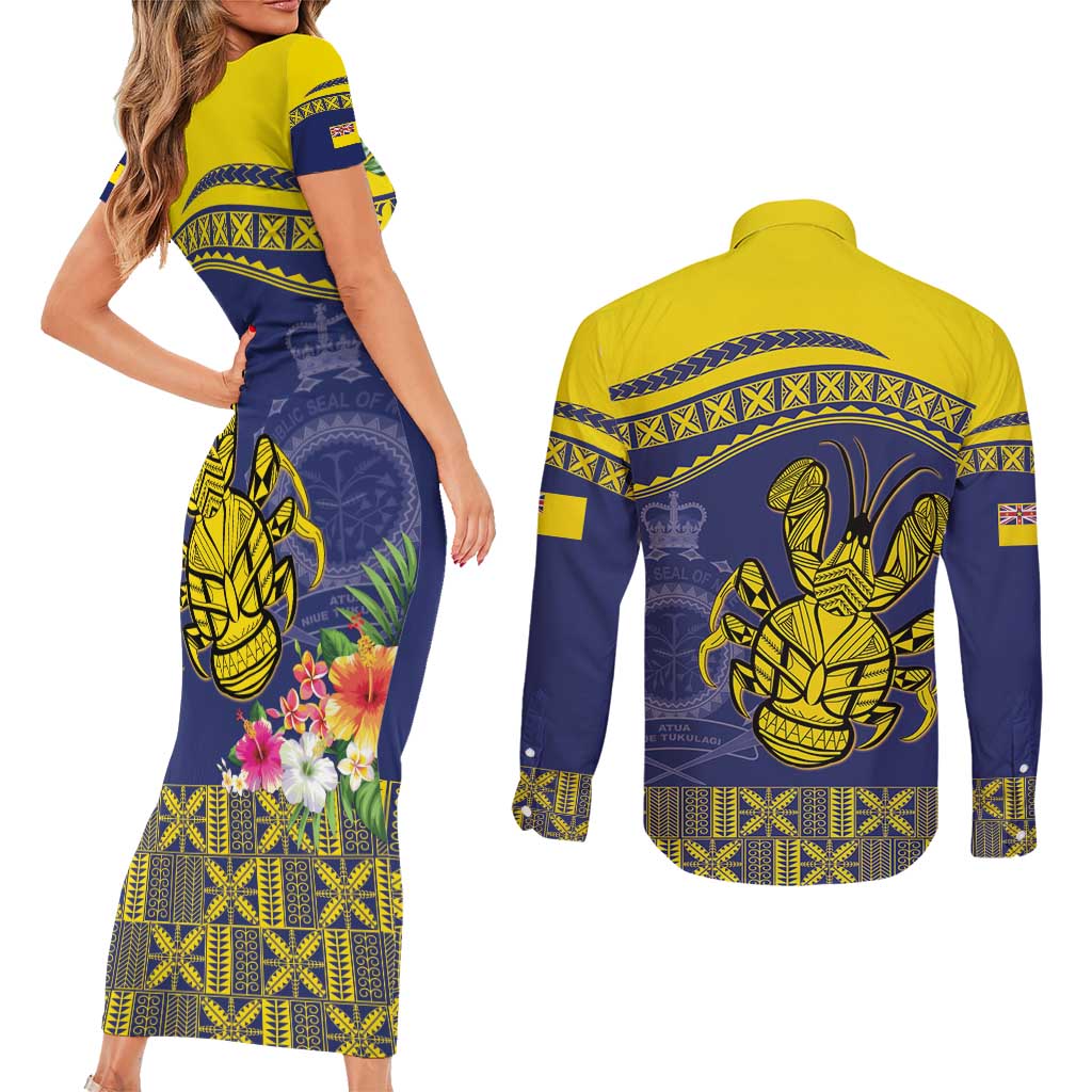 Niue Coconut Crab Couples Matching Short Sleeve Bodycon Dress and Long Sleeve Button Shirt Rock of Polynesia LT9 - Polynesian Pride