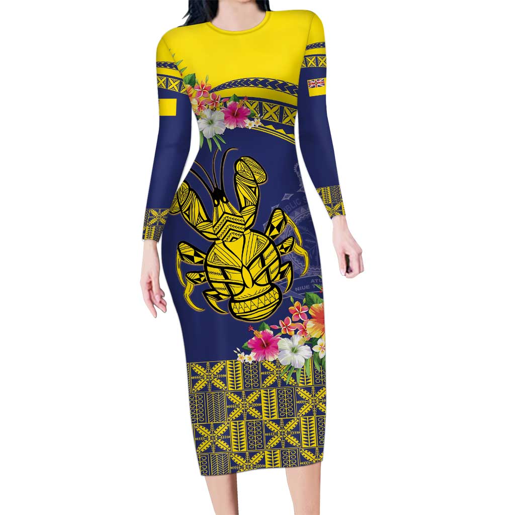 Niue Coconut Crab Family Matching Long Sleeve Bodycon Dress and Hawaiian Shirt Rock of Polynesia LT9 Mom's Dress Gold - Polynesian Pride