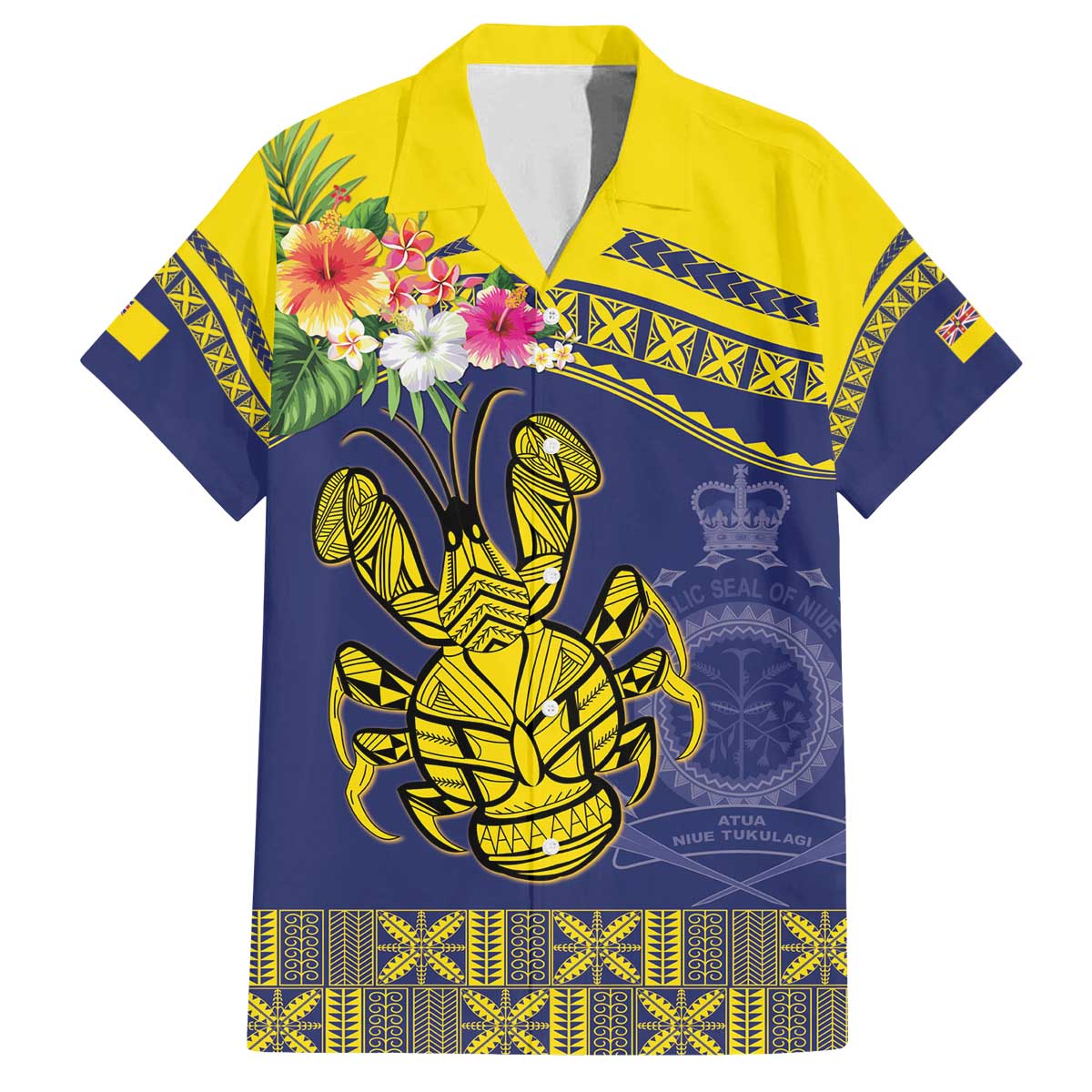 Niue Coconut Crab Family Matching Off The Shoulder Long Sleeve Dress and Hawaiian Shirt Rock of Polynesia LT9 Dad's Shirt - Short Sleeve Gold - Polynesian Pride