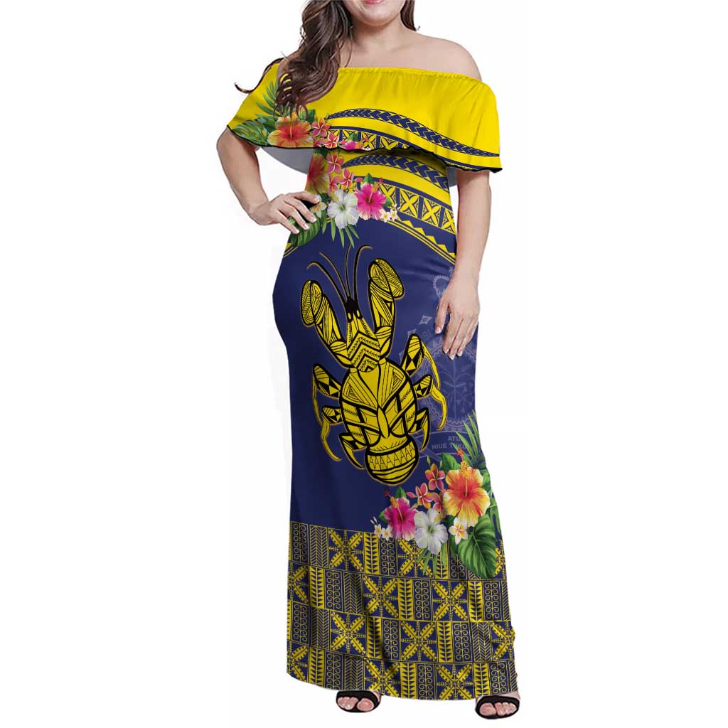 Niue Coconut Crab Family Matching Off Shoulder Maxi Dress and Hawaiian Shirt Rock of Polynesia LT9 Mom's Dress Gold - Polynesian Pride