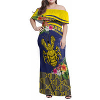 Niue Coconut Crab Family Matching Off Shoulder Maxi Dress and Hawaiian Shirt Rock of Polynesia LT9 Mom's Dress Gold - Polynesian Pride