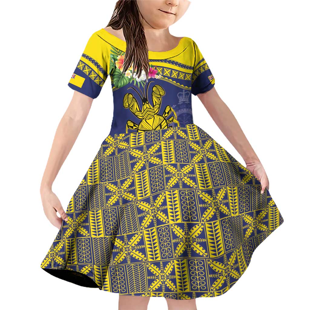 Niue Coconut Crab Family Matching Off Shoulder Short Dress and Hawaiian Shirt Rock of Polynesia LT9 Daughter's Dress Gold - Polynesian Pride