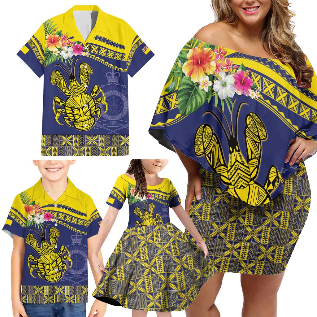 Niue Coconut Crab Family Matching Off Shoulder Short Dress and Hawaiian Shirt Rock of Polynesia LT9 - Polynesian Pride