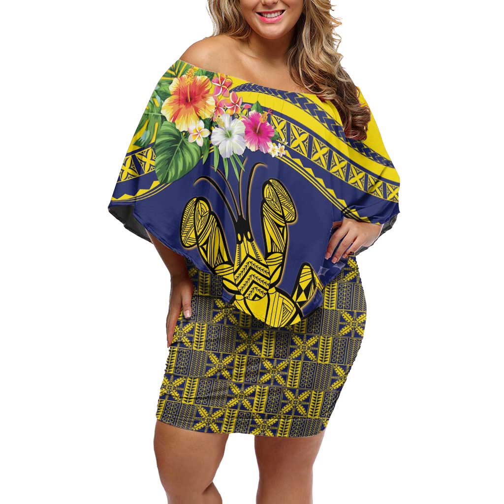 Niue Coconut Crab Family Matching Off Shoulder Short Dress and Hawaiian Shirt Rock of Polynesia LT9 Mom's Dress Gold - Polynesian Pride