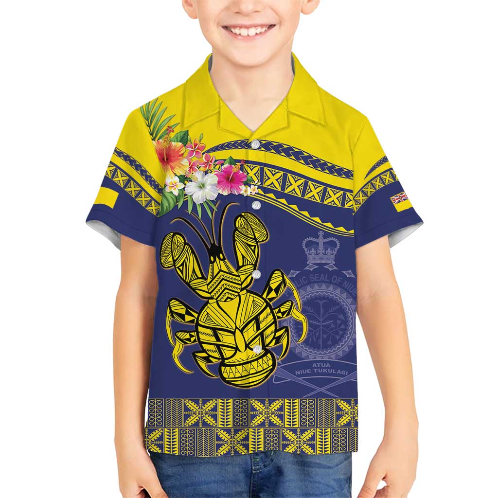 Niue Coconut Crab Family Matching Off Shoulder Short Dress and Hawaiian Shirt Rock of Polynesia LT9 Son's Shirt Gold - Polynesian Pride