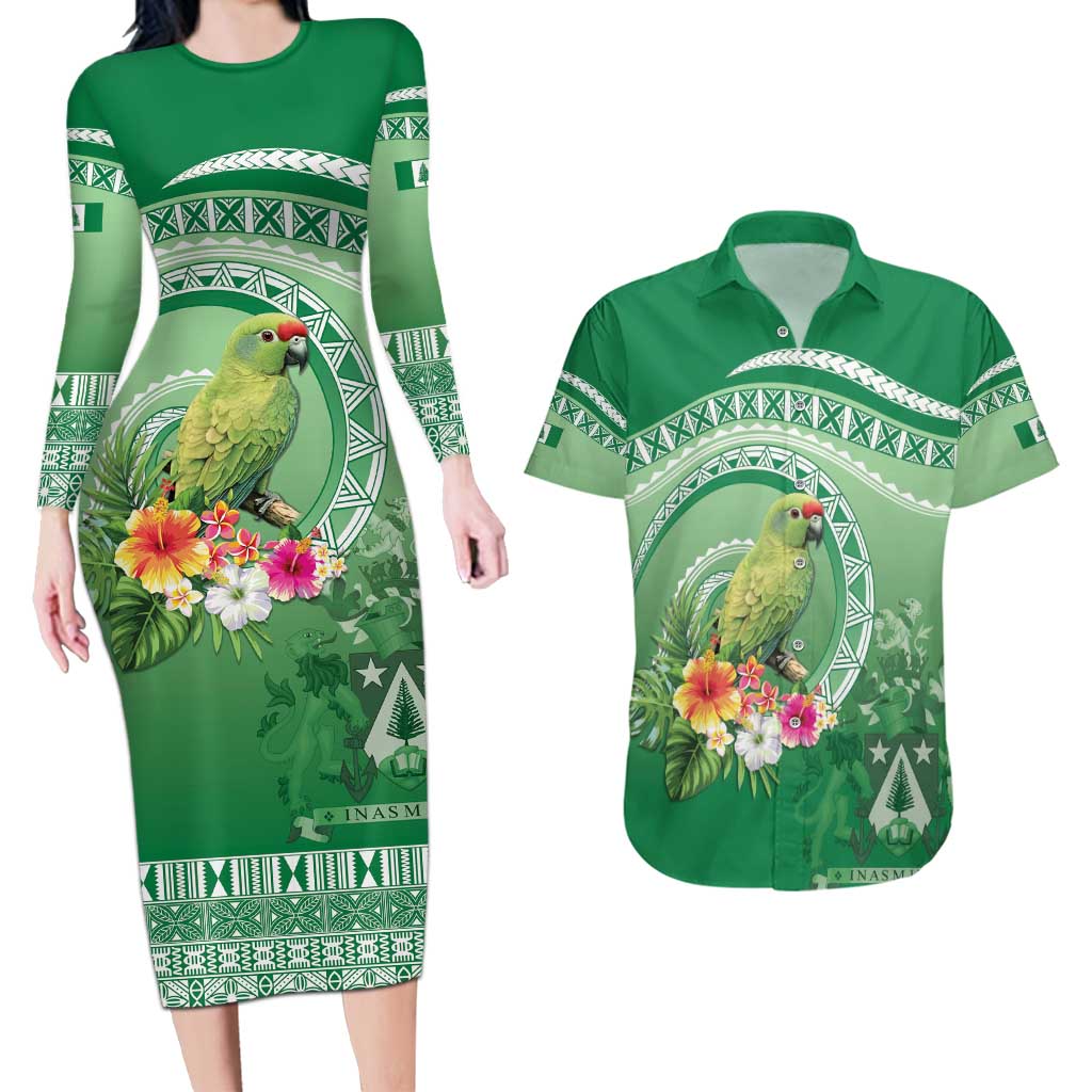 Norfolk Parakeet Tropical Couples Matching Long Sleeve Bodycon Dress and Hawaiian Shirt Norfolk Island Tribal Pattern LT9 Green - Polynesian Pride