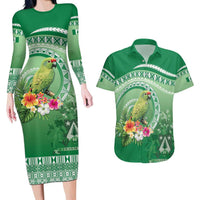 Norfolk Parakeet Tropical Couples Matching Long Sleeve Bodycon Dress and Hawaiian Shirt Norfolk Island Tribal Pattern LT9 Green - Polynesian Pride