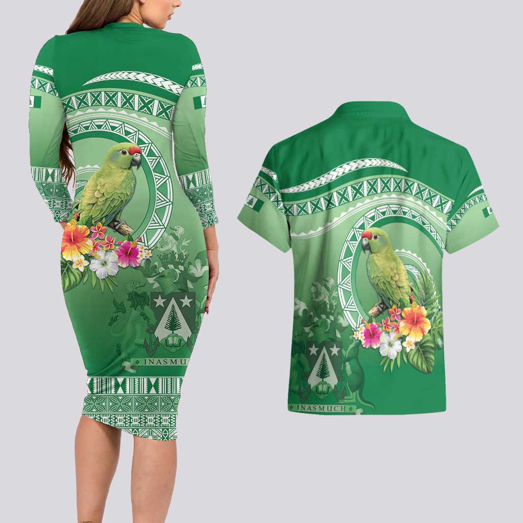 Norfolk Parakeet Tropical Couples Matching Long Sleeve Bodycon Dress and Hawaiian Shirt Norfolk Island Tribal Pattern LT9 - Polynesian Pride