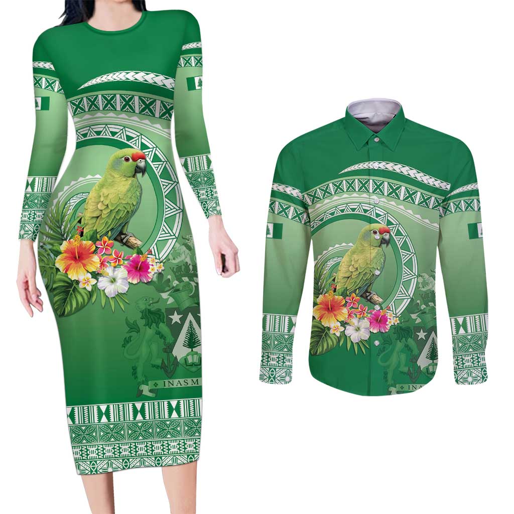 Norfolk Parakeet Tropical Couples Matching Long Sleeve Bodycon Dress and Long Sleeve Button Shirt Norfolk Island Tribal Pattern LT9 Green - Polynesian Pride
