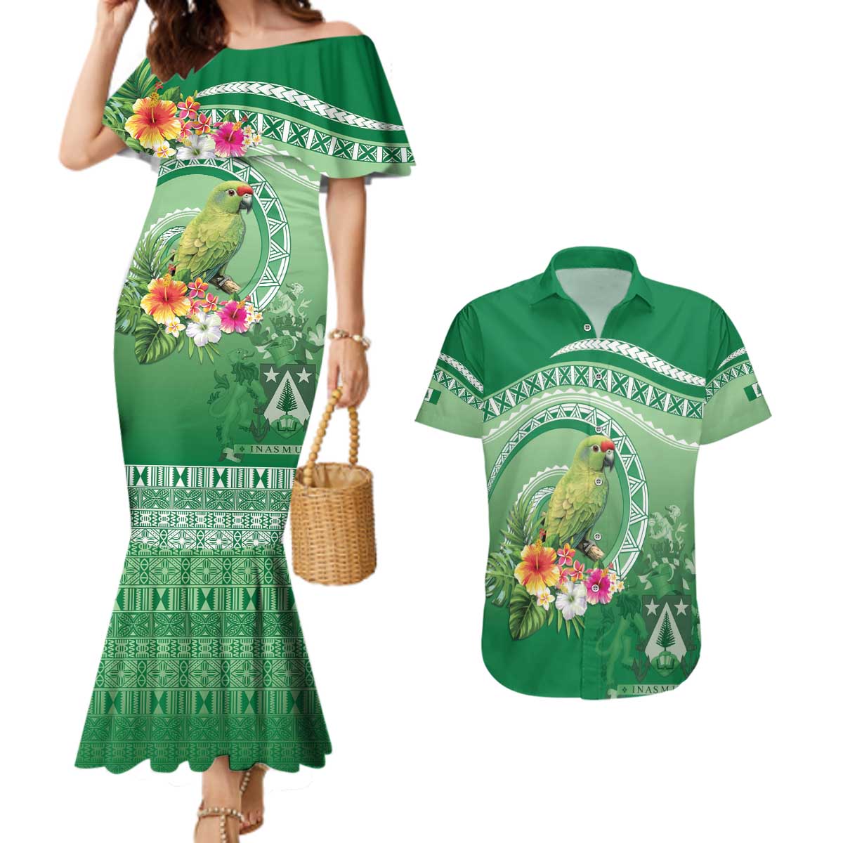 Norfolk Parakeet Tropical Couples Matching Mermaid Dress and Hawaiian Shirt Norfolk Island Tribal Pattern LT9 Green - Polynesian Pride