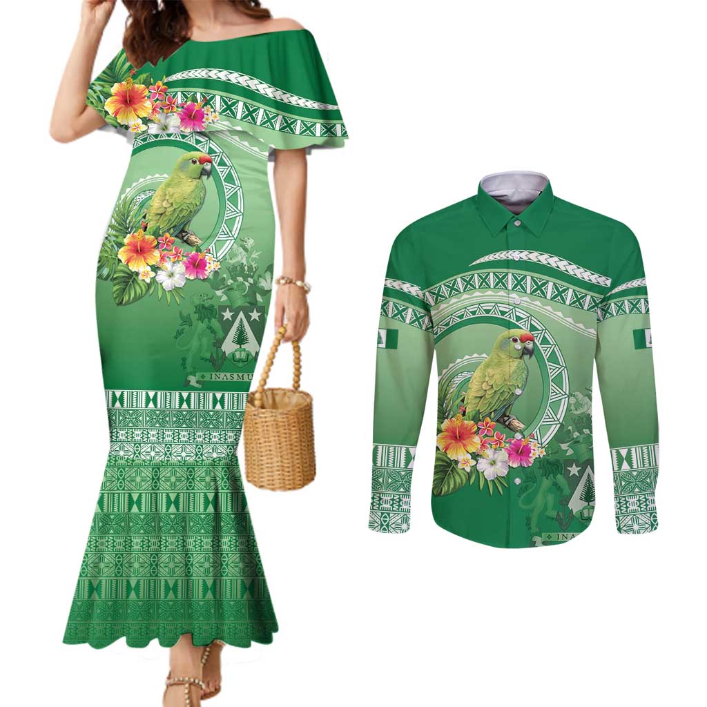 Norfolk Parakeet Tropical Couples Matching Mermaid Dress and Long Sleeve Button Shirt Norfolk Island Tribal Pattern LT9 Green - Polynesian Pride