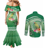 Norfolk Parakeet Tropical Couples Matching Mermaid Dress and Long Sleeve Button Shirt Norfolk Island Tribal Pattern LT9 - Polynesian Pride