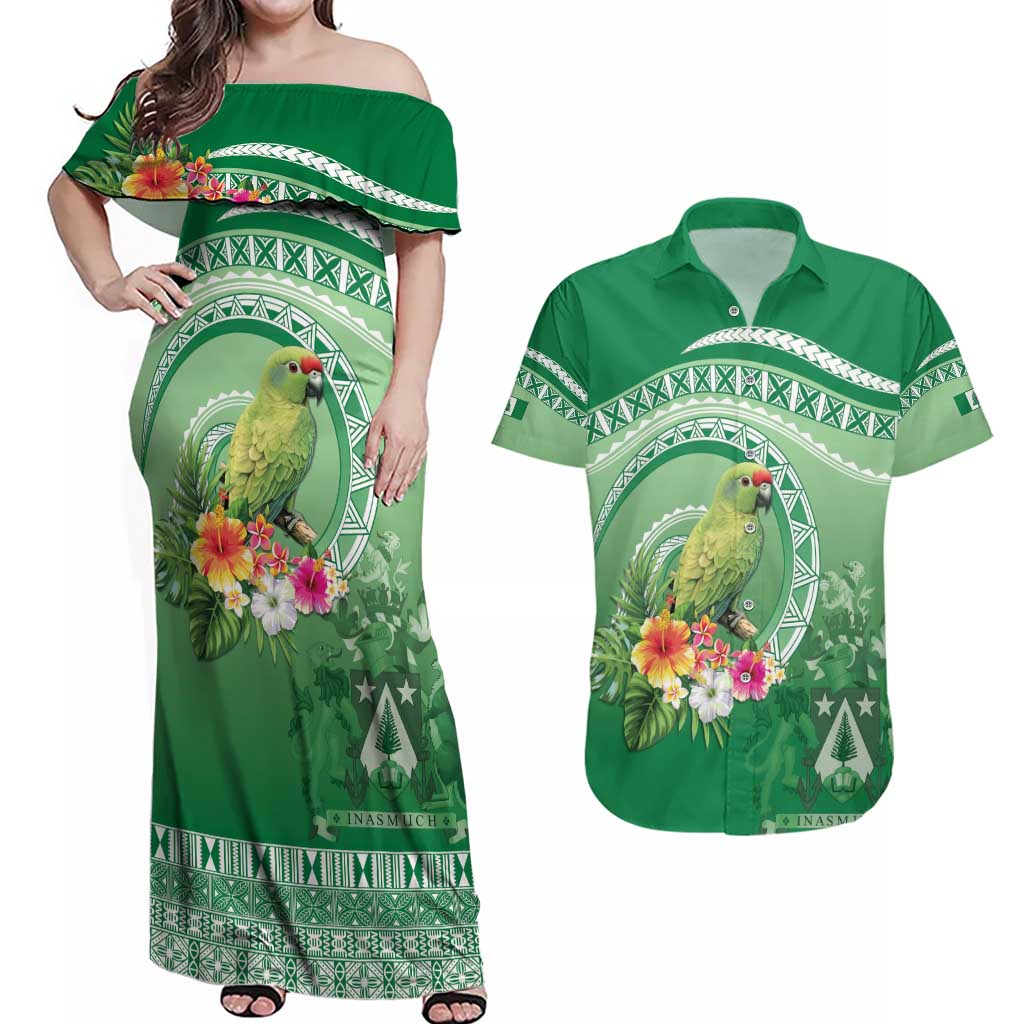 Norfolk Parakeet Tropical Couples Matching Off Shoulder Maxi Dress and Hawaiian Shirt Norfolk Island Tribal Pattern LT9 Green - Polynesian Pride