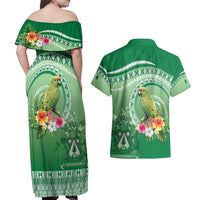 Norfolk Parakeet Tropical Couples Matching Off Shoulder Maxi Dress and Hawaiian Shirt Norfolk Island Tribal Pattern LT9 - Polynesian Pride