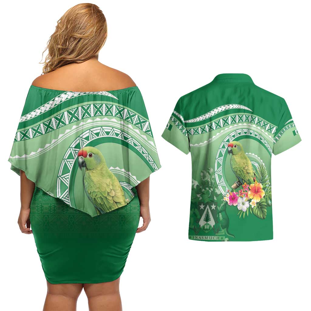 Norfolk Parakeet Tropical Couples Matching Off Shoulder Short Dress and Hawaiian Shirt Norfolk Island Tribal Pattern LT9 - Polynesian Pride
