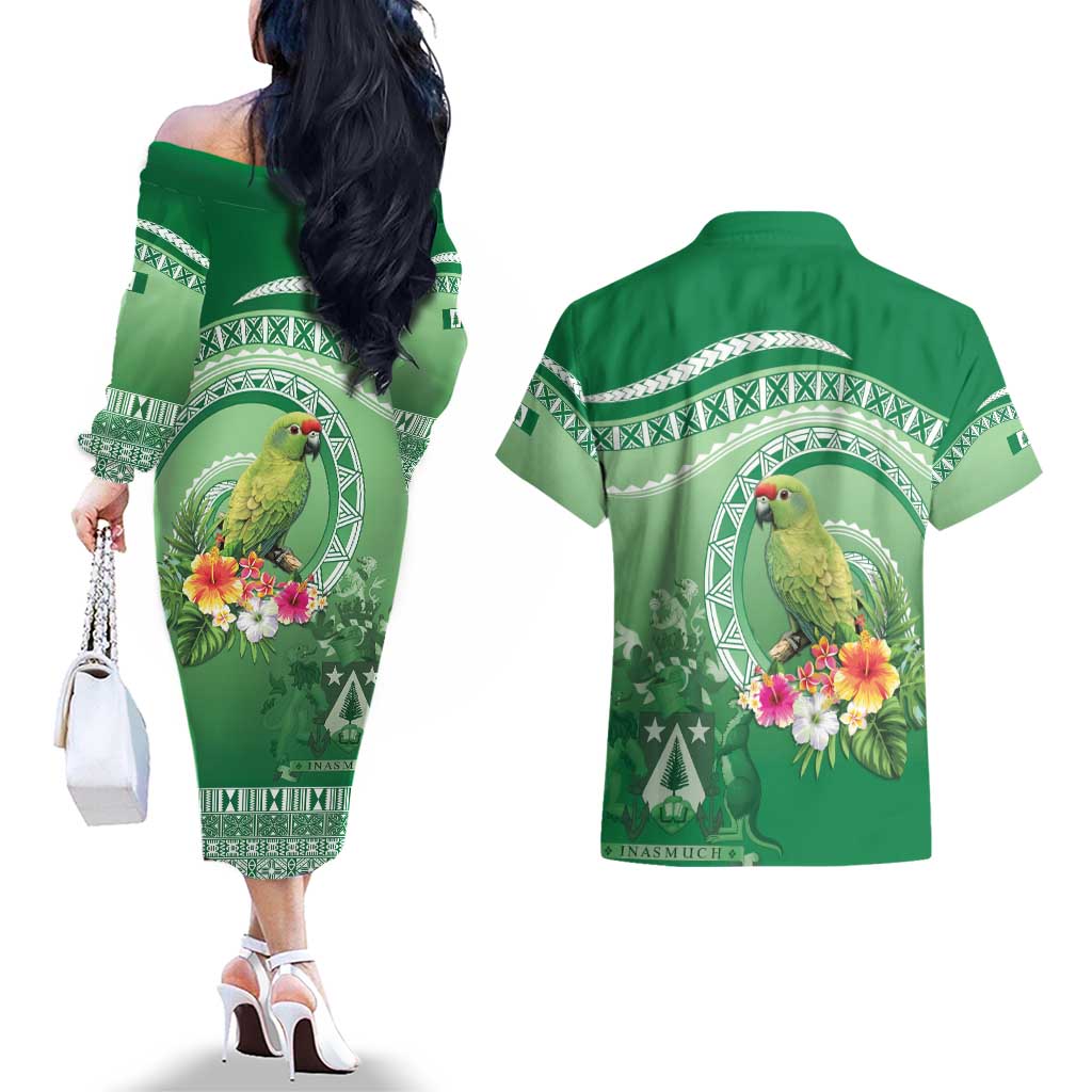 Norfolk Parakeet Tropical Couples Matching Off The Shoulder Long Sleeve Dress and Hawaiian Shirt Norfolk Island Tribal Pattern LT9 - Polynesian Pride