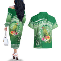 Norfolk Parakeet Tropical Couples Matching Off The Shoulder Long Sleeve Dress and Hawaiian Shirt Norfolk Island Tribal Pattern LT9 - Polynesian Pride