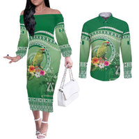 Norfolk Parakeet Tropical Couples Matching Off The Shoulder Long Sleeve Dress and Long Sleeve Button Shirt Norfolk Island Tribal Pattern LT9 Green - Polynesian Pride