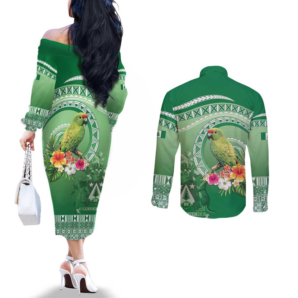 Norfolk Parakeet Tropical Couples Matching Off The Shoulder Long Sleeve Dress and Long Sleeve Button Shirt Norfolk Island Tribal Pattern LT9 - Polynesian Pride