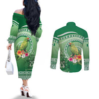 Norfolk Parakeet Tropical Couples Matching Off The Shoulder Long Sleeve Dress and Long Sleeve Button Shirt Norfolk Island Tribal Pattern LT9 - Polynesian Pride