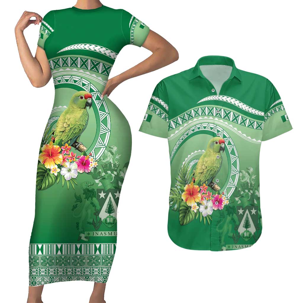 Norfolk Parakeet Tropical Couples Matching Short Sleeve Bodycon Dress and Hawaiian Shirt Norfolk Island Tribal Pattern LT9 Green - Polynesian Pride