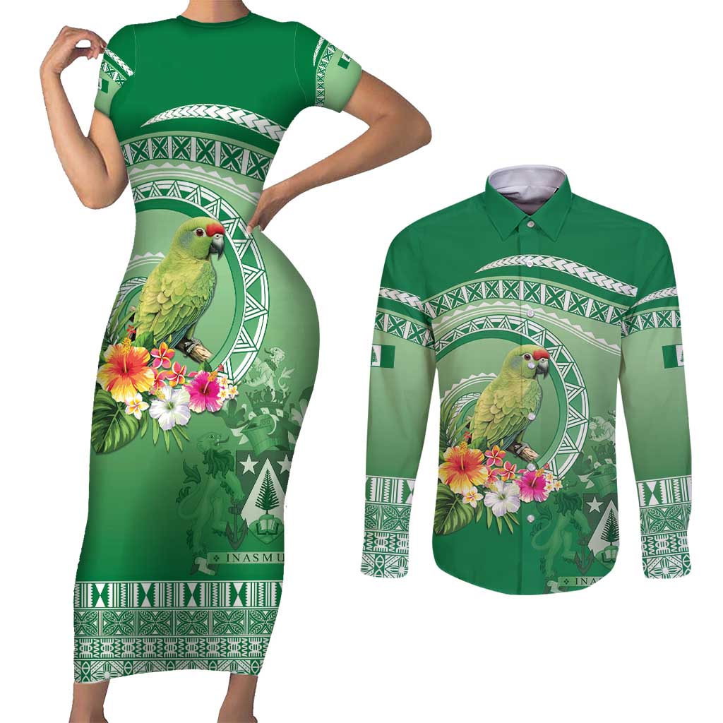 Norfolk Parakeet Tropical Couples Matching Short Sleeve Bodycon Dress and Long Sleeve Button Shirt Norfolk Island Tribal Pattern LT9 Green - Polynesian Pride