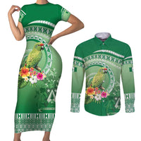 Norfolk Parakeet Tropical Couples Matching Short Sleeve Bodycon Dress and Long Sleeve Button Shirt Norfolk Island Tribal Pattern LT9 Green - Polynesian Pride