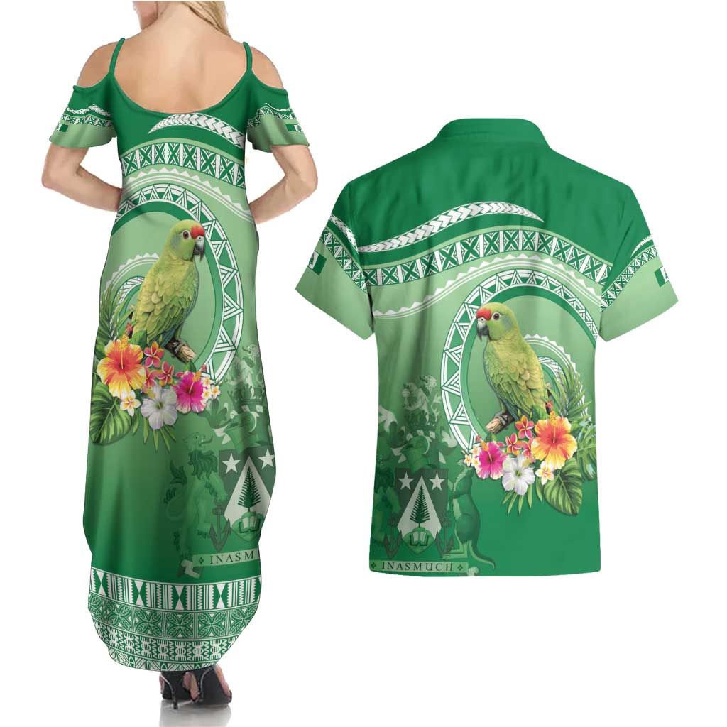 Norfolk Parakeet Tropical Couples Matching Summer Maxi Dress and Hawaiian Shirt Norfolk Island Tribal Pattern LT9 - Polynesian Pride