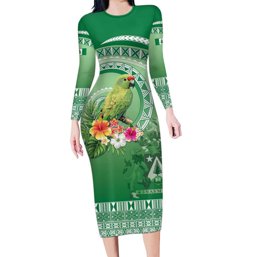 Norfolk Parakeet Tropical Family Matching Long Sleeve Bodycon Dress and Hawaiian Shirt Norfolk Island Tribal Pattern LT9 Mom's Dress Green - Polynesian Pride