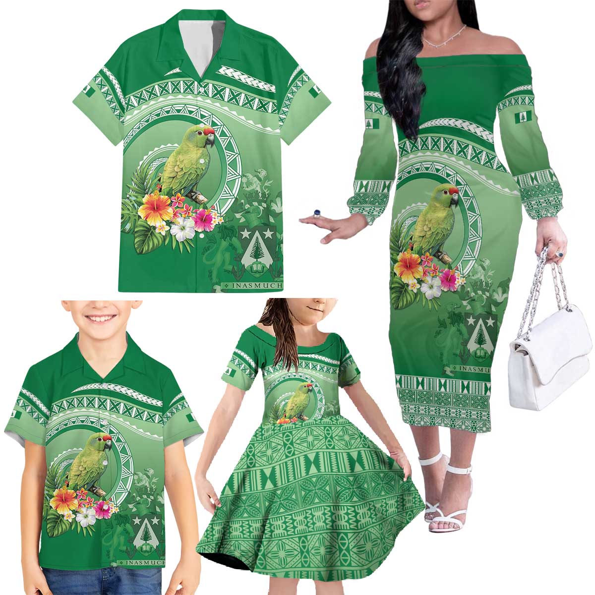 Norfolk Parakeet Tropical Family Matching Off The Shoulder Long Sleeve Dress and Hawaiian Shirt Norfolk Island Tribal Pattern LT9 - Polynesian Pride