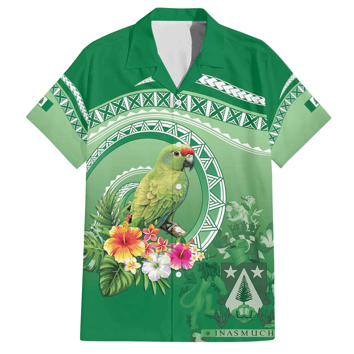 Norfolk Parakeet Tropical Family Matching Off The Shoulder Long Sleeve Dress and Hawaiian Shirt Norfolk Island Tribal Pattern LT9 Dad's Shirt - Short Sleeve Green - Polynesian Pride
