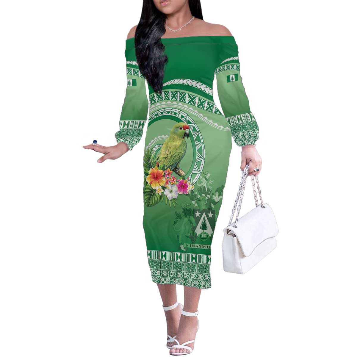 Norfolk Parakeet Tropical Family Matching Off The Shoulder Long Sleeve Dress and Hawaiian Shirt Norfolk Island Tribal Pattern LT9 Mom's Dress Green - Polynesian Pride