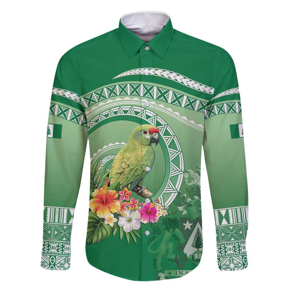 Norfolk Parakeet Tropical Family Matching Off Shoulder Maxi Dress and Hawaiian Shirt Norfolk Island Tribal Pattern LT9 Dad's Shirt - Long Sleeve Green - Polynesian Pride