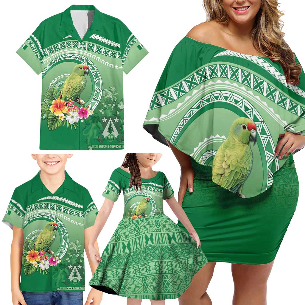 Norfolk Parakeet Tropical Family Matching Off Shoulder Short Dress and Hawaiian Shirt Norfolk Island Tribal Pattern LT9 - Polynesian Pride