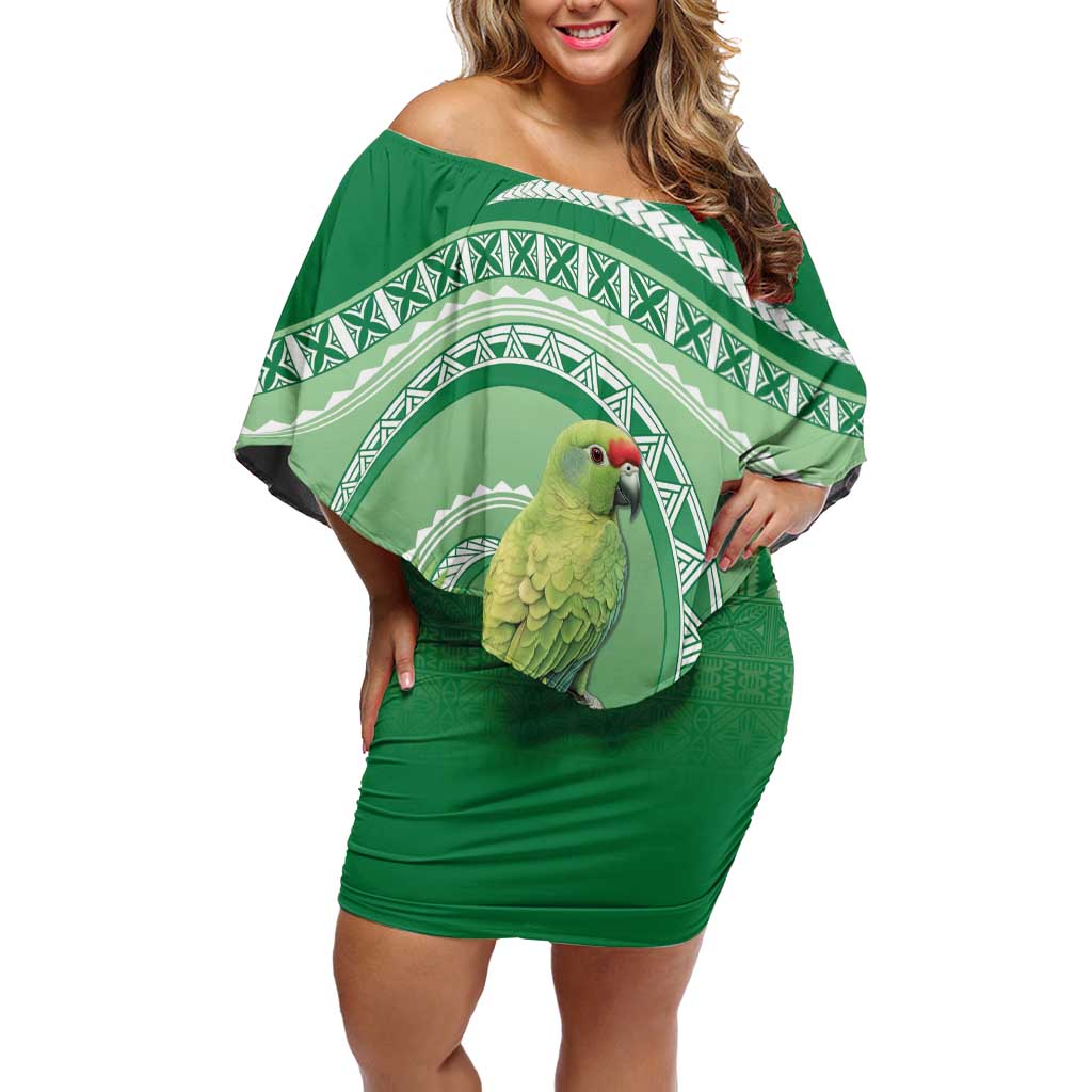 Norfolk Parakeet Tropical Family Matching Off Shoulder Short Dress and Hawaiian Shirt Norfolk Island Tribal Pattern LT9 Mom's Dress Green - Polynesian Pride