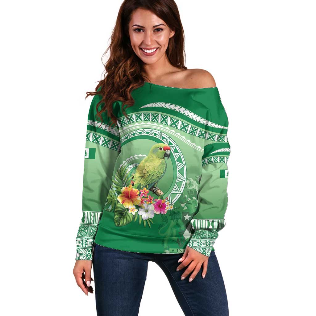 Norfolk Parakeet Tropical Off Shoulder Sweater Norfolk Island Tribal Pattern LT9 Women Green - Polynesian Pride