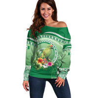 Norfolk Parakeet Tropical Off Shoulder Sweater Norfolk Island Tribal Pattern LT9 Women Green - Polynesian Pride