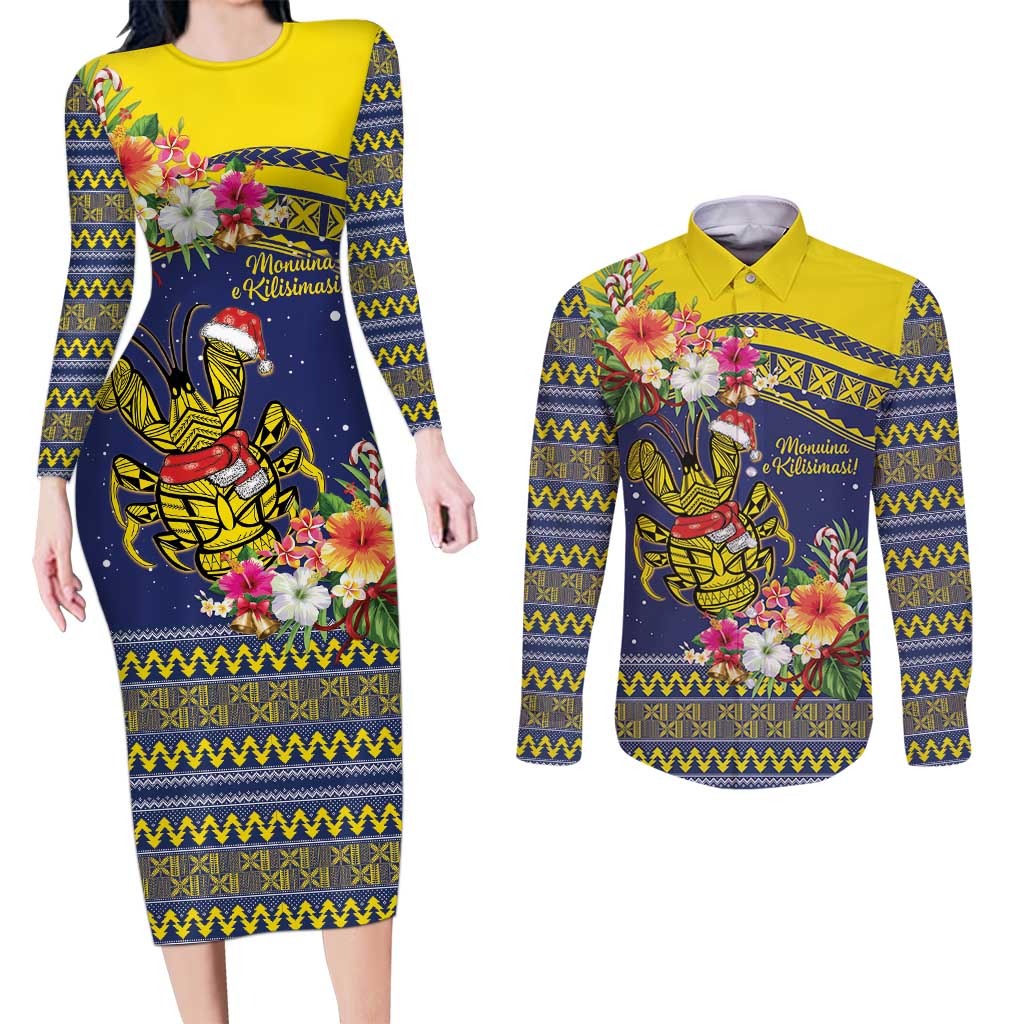 Monuina e Kilisimasi Niue Christmas Couples Matching Long Sleeve Bodycon Dress and Long Sleeve Button Shirt Niuean Tribal Pattern LT9 Gold - Polynesian Pride
