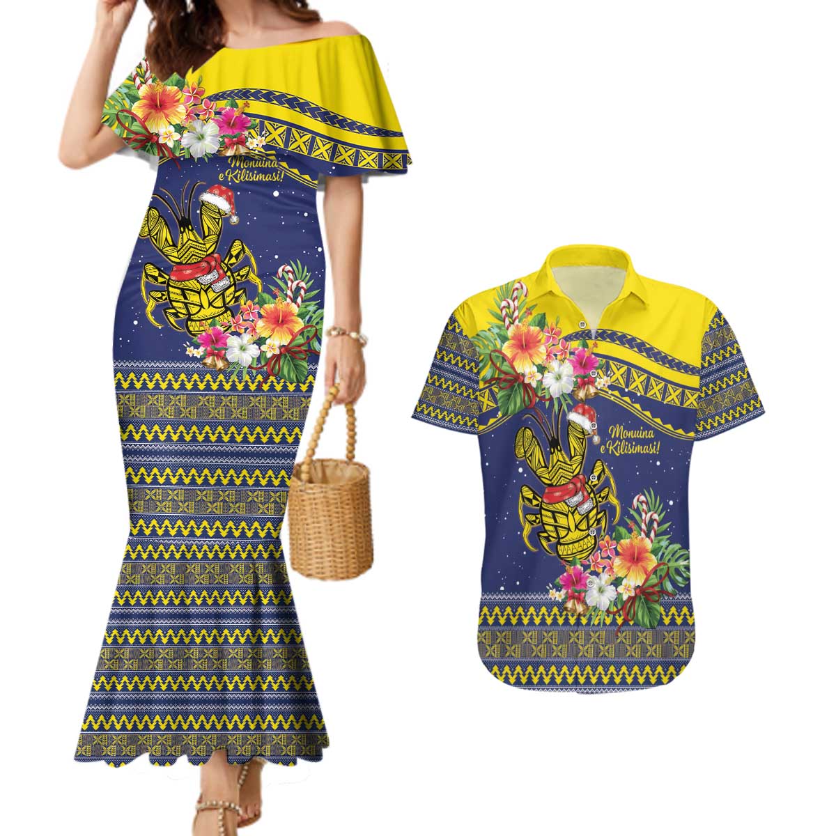 Monuina e Kilisimasi Niue Christmas Couples Matching Mermaid Dress and Hawaiian Shirt Niuean Tribal Pattern LT9 Gold - Polynesian Pride