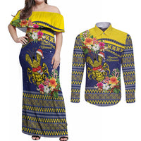 Monuina e Kilisimasi Niue Christmas Couples Matching Off Shoulder Maxi Dress and Long Sleeve Button Shirt Niuean Tribal Pattern LT9 Gold - Polynesian Pride