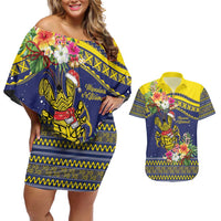 Monuina e Kilisimasi Niue Christmas Couples Matching Off Shoulder Short Dress and Hawaiian Shirt Niuean Tribal Pattern LT9 Gold - Polynesian Pride